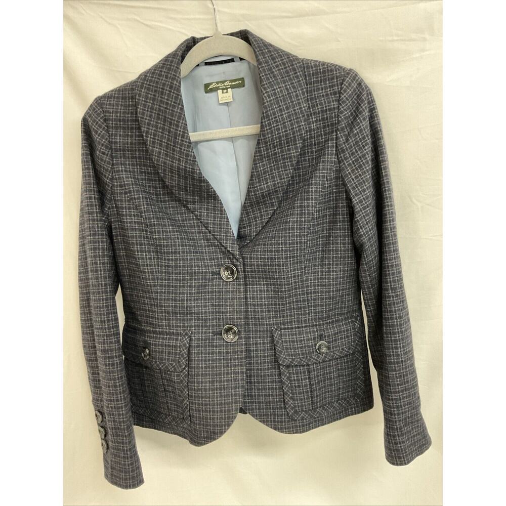 Eddie Bauer Women's 8 P Blue/ Gray Plaid Wool Blend Jacket Blazer 2 Button